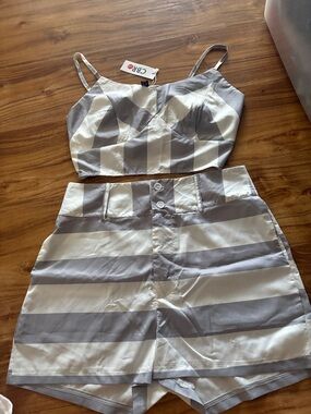 CBR Gray and White Striped Crop Cami with High-Waist Shorts